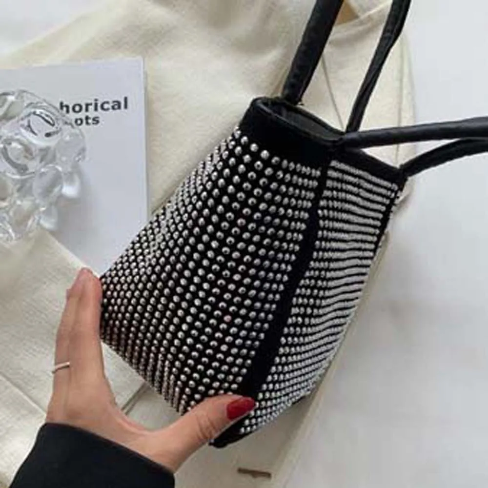 Trendy Elegant Bright Rhinestone Shoulder Bag PU Large Capacity Sparkling Square Bag Black Silver Bucket Handbag Banquet