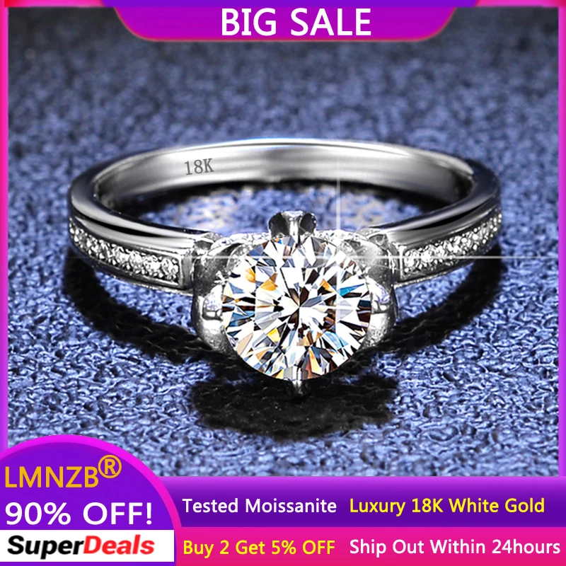 LMNZB Real 1CT Moissanite 18K White Gold Ring for Women Sparkling Round Lab Diamond Wedding Band Jewelry GRA