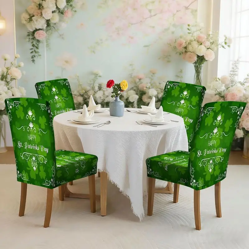

Набор чехлов для обеденных стульев с плоским принтом и растягивающимся материалом, декор ко Дню Святого Патрика, узор в виде клевера.