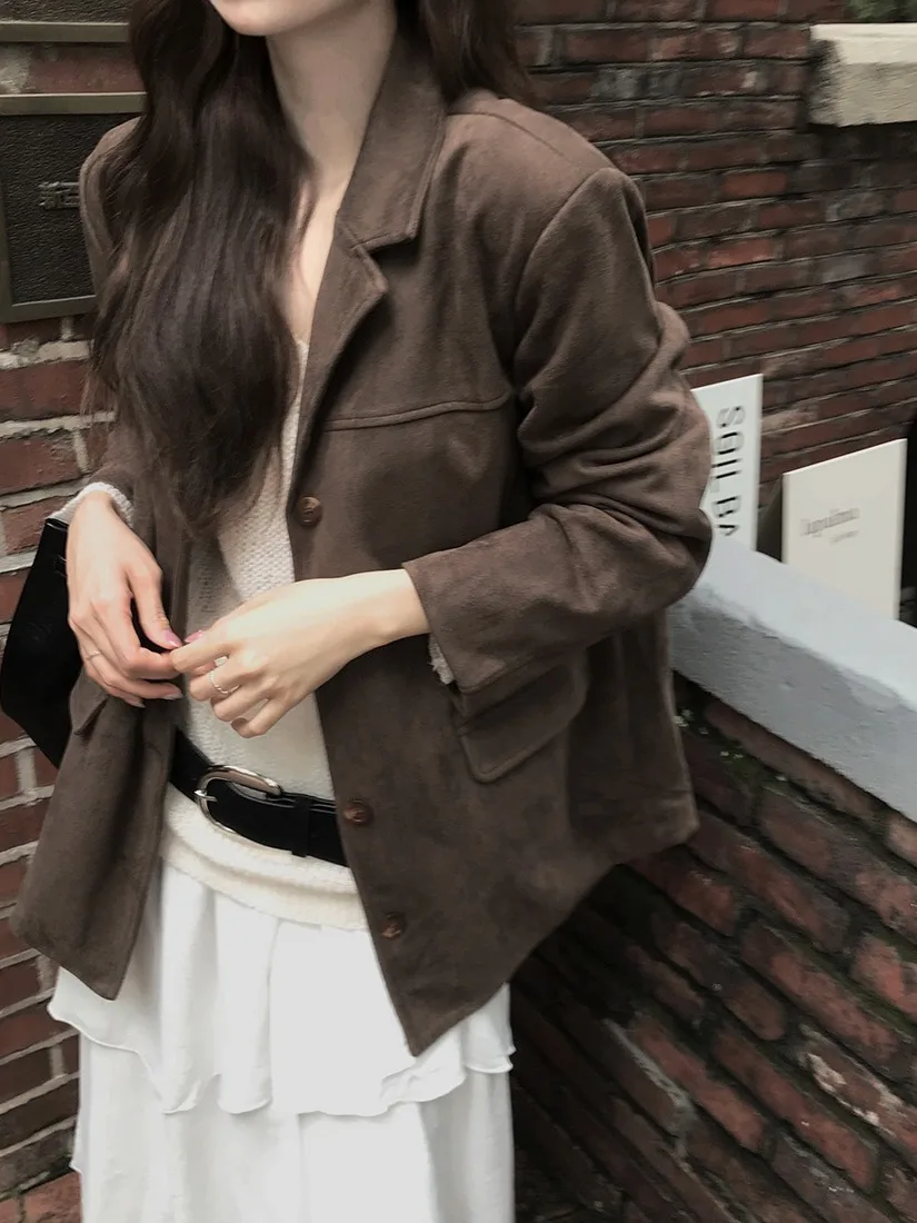 

Бархатный костюм из кожи оленя в стиле ретро, женский шикарный костюм ранней зимы, новый высококачественный универсальный топ на одной пуговице в американском стиле