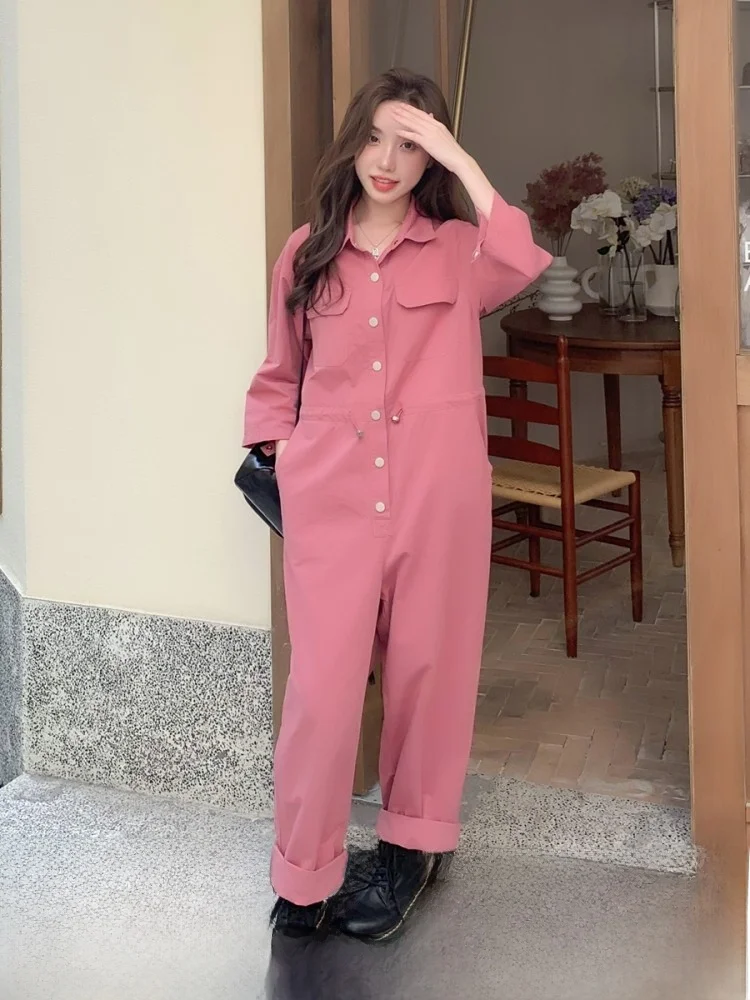 

Розовый джинсовый комбинезон для женщин, повседневный, весна-осень, новый, в стиле Hong Kong, маленький размер, повседневные брюки-комбинезон