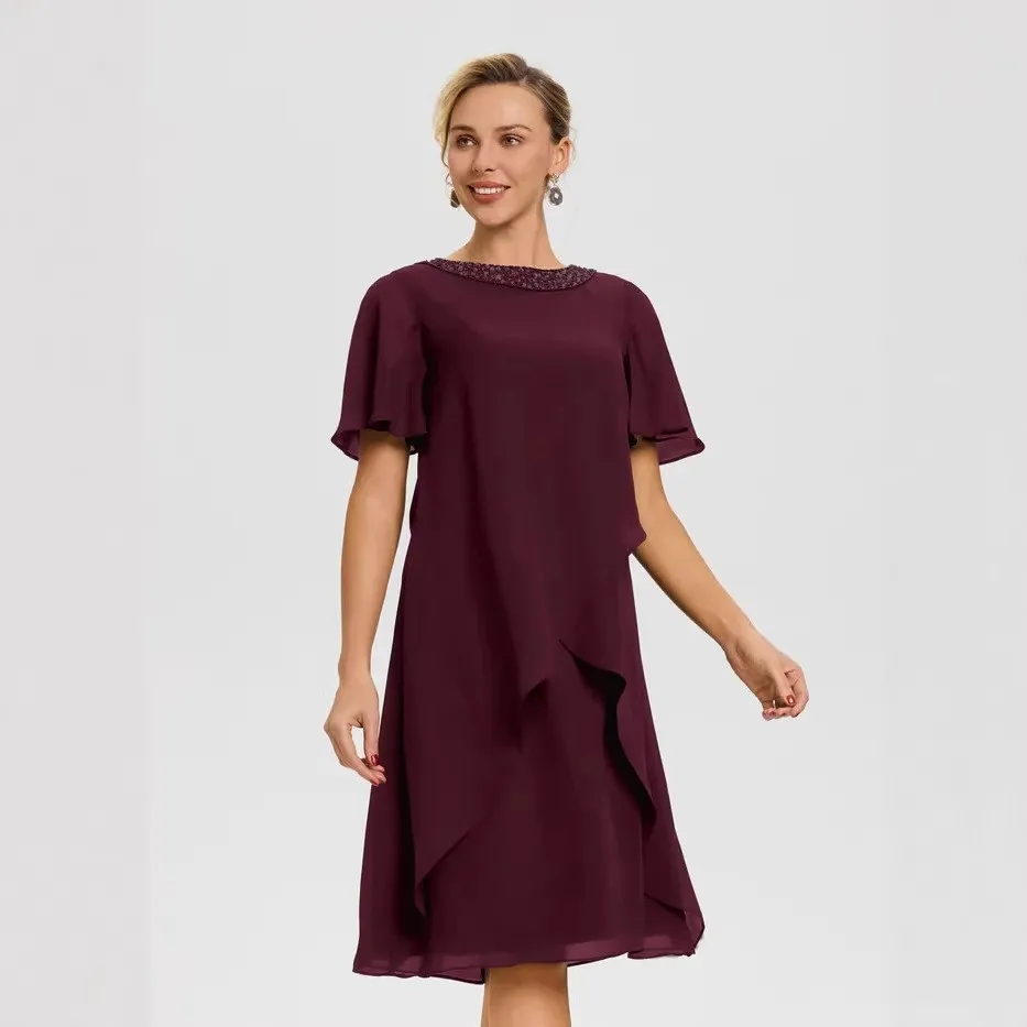 Women's Elegant Burgundy Loose Fit Midi Dress, Short Sleeve Round Neck Beaded Mother of the Bride Dress.