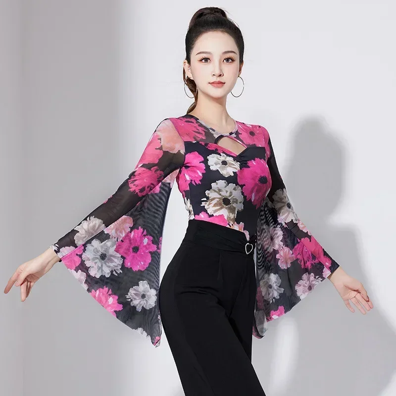 Modern Dance Costume Female Adult 2023 New Latin National Standard Waltz Printed Long Sleeves Tops for Women