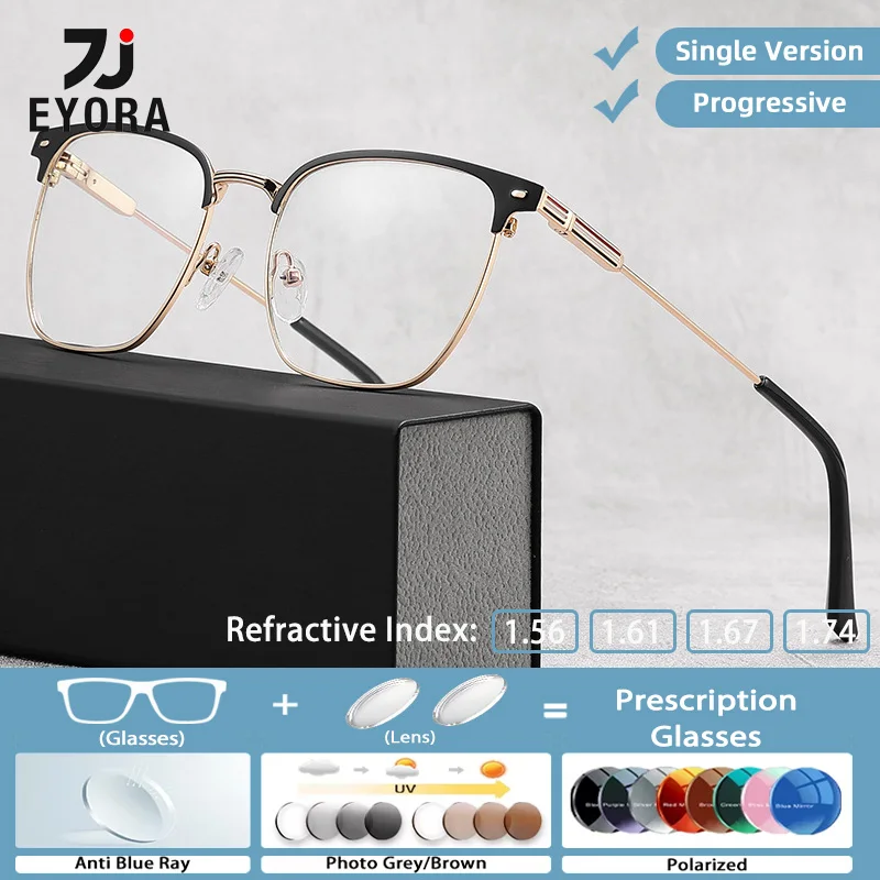 

EYORA Currents металлические квадратные очки для мужчин, очки для близорукости, дальнозоркость, анти-синий свет, прогрессивные фотохромные очки, линзы