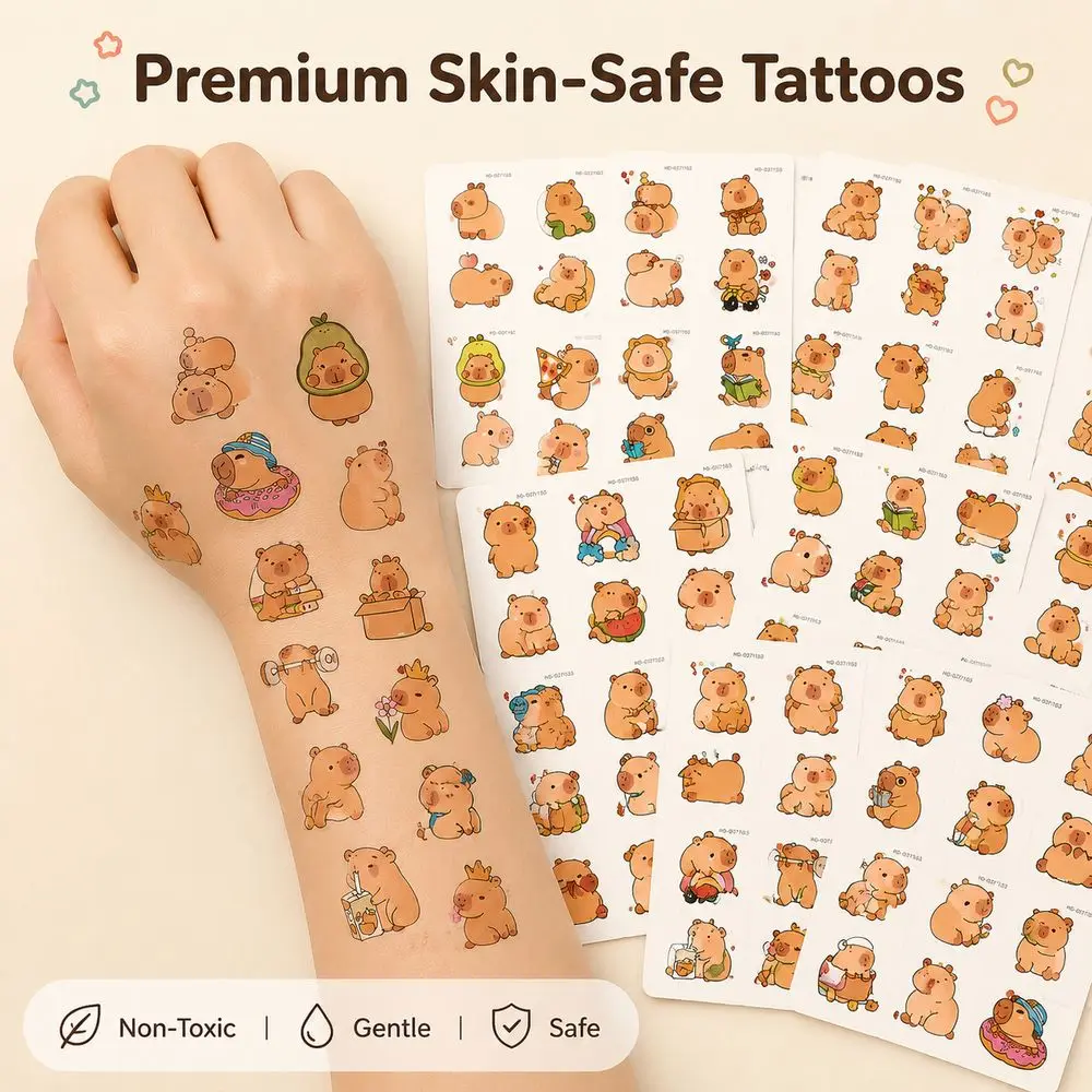 35Pcs Capybara Themed Temporary Tattoo Stickers Waterproof Cute Cartoon Animal Body Art Decals Festival Skin Decor Accessories
