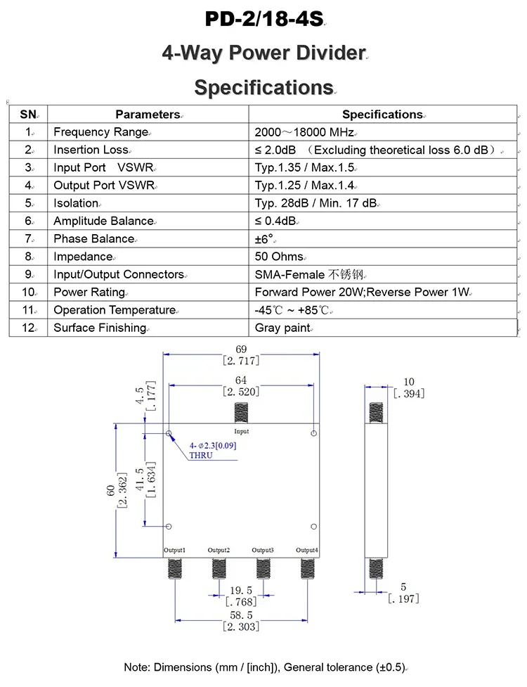 PD-2/18-4S 2-18GHz 20W SMA RF Microwave One Split Four Power Divider 4-way Power Divider