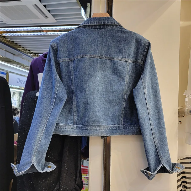 Lente Nieuwe Vrouwen Blauw Kort Denim Jack Kralen Diamant Onregelmatige Single-Breasted Casual Lange Mouwen Jeans Jack Chaqueta Mujer