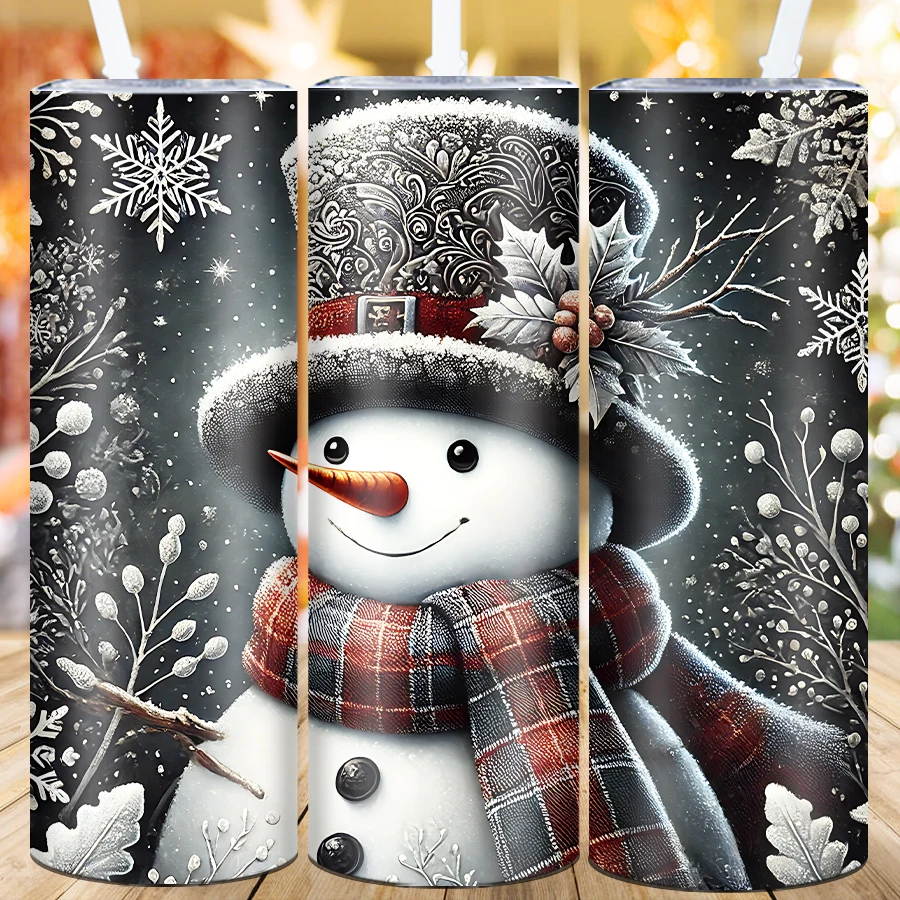 1Pc Christmas Drink Mug Straw Lid 1Pc 20oz Stainless Steel Hot Cold Insulated Cups 3D Print Snowman Party Tumblers Birthday Gift