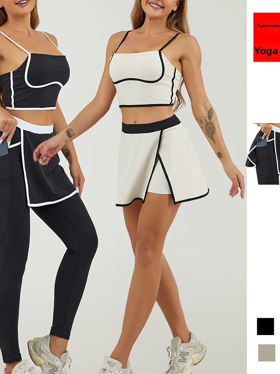 

Women's Spor Qui Dry Color Blo Tank Top And Fitn Skort Two Piece Set Gym Workout Outfit Sl Fabric Yoga Gear