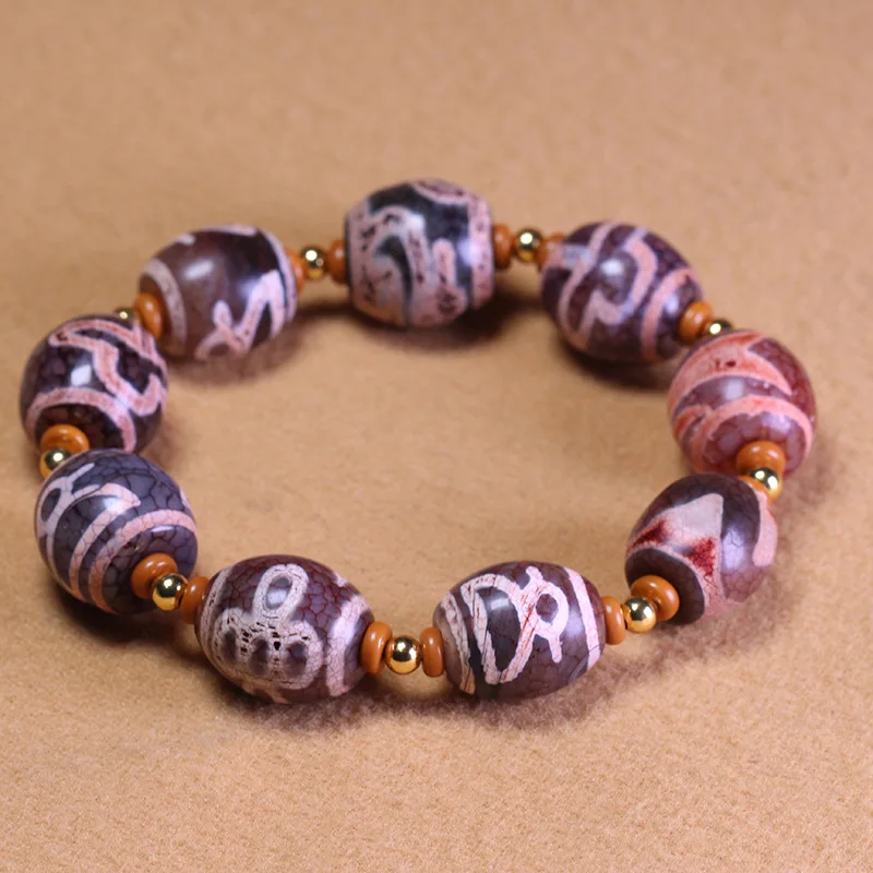Vintage floral-patterned Buddha heart 14mm Dzi bead with multi-colored patterns single-strand bracelet unisex j