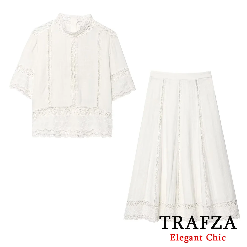 

TRAFZA Women Elegant Boho Skirt Set White Lace Short Sleeve Top Midi Skirt 2025 New Fashion Summer Holiday Date Mujer Skirt Set