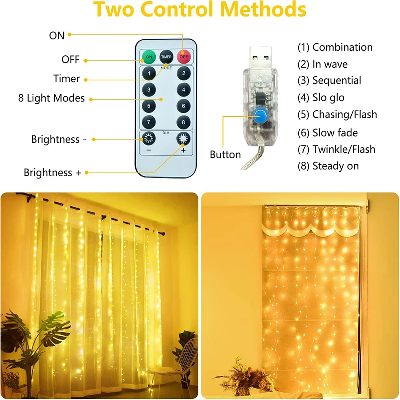 300LED Curtain Lights USB Plug in Fairy Warm String Hanging Lights for Christmas Weddings Party Garden Window Outside