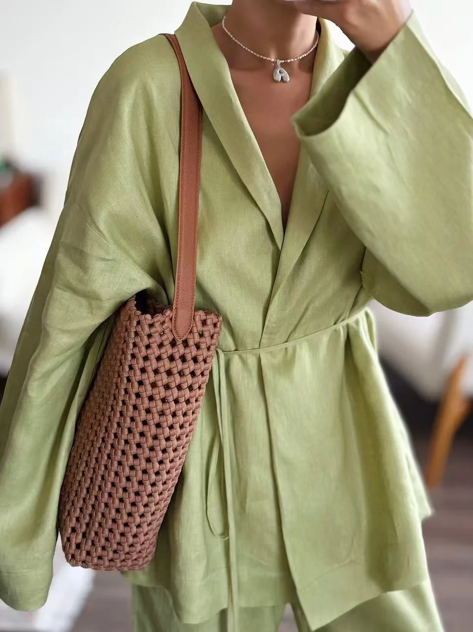 Women's Linen Two-Piece Set: Kimono Wrap Top & Wide-Leg Pants Olive