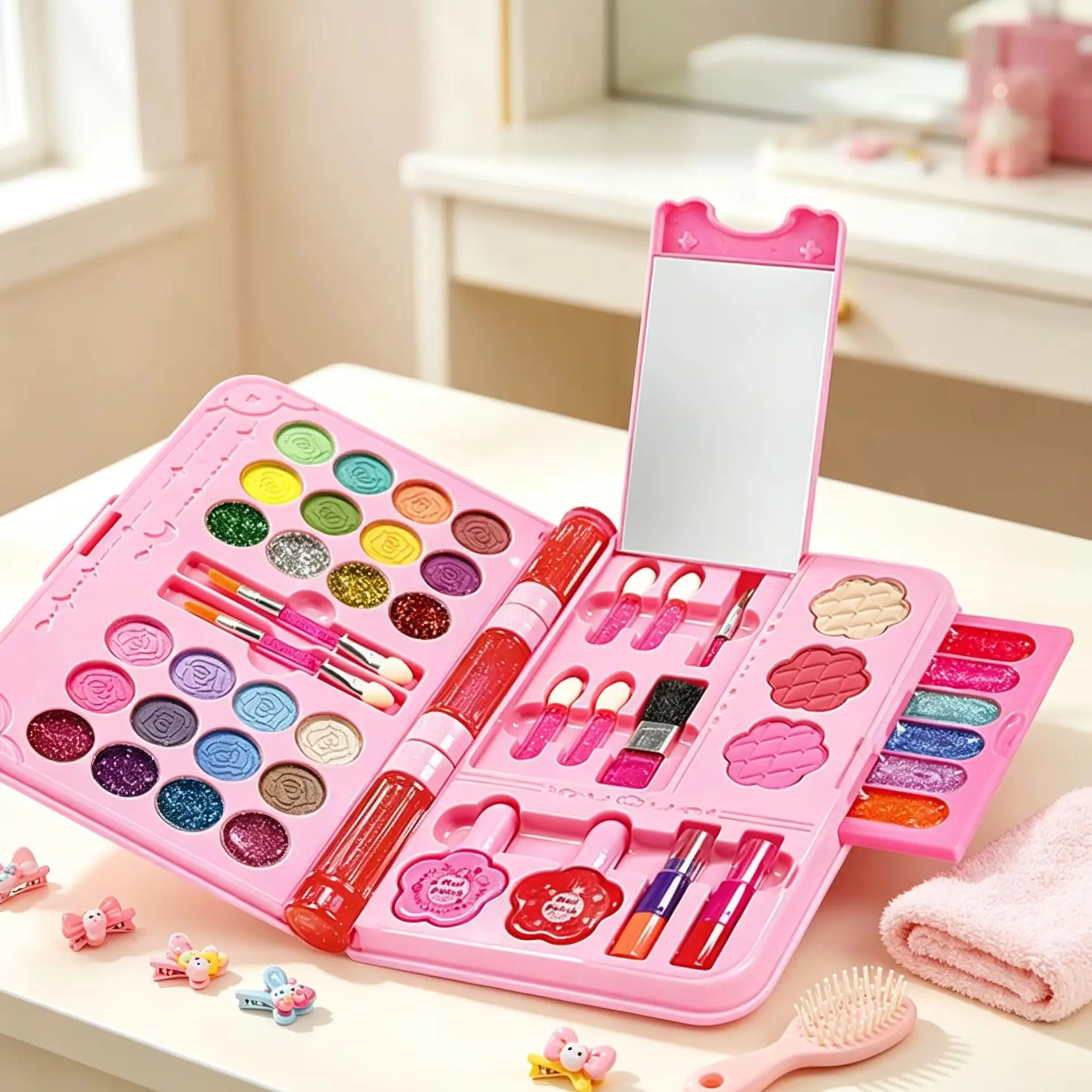 Kids Makeup Kit for Girls, Washable Play Make‑Up Toy Set with Mirror, Beauty Dress‑Up Pretend Play Set for Imaginative Role‑Play
