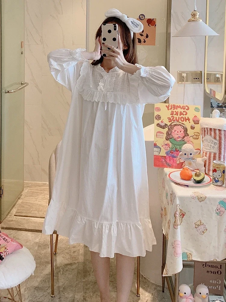 White Fairy Nightdress Korean Court Sweet Pajama Princess Cotton Gauze Women's Sleepwear Lace Long Sleeve Dress