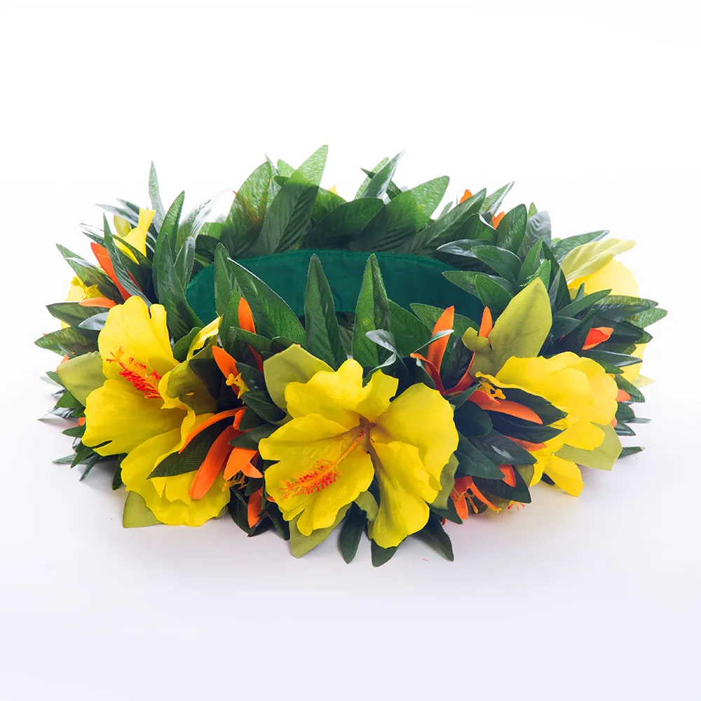 2023 Spring Summer New Style Headband Artificial Silk Hibiscus with Leaves Headband Haku Hawaii Hula Girl Dancer Headwear