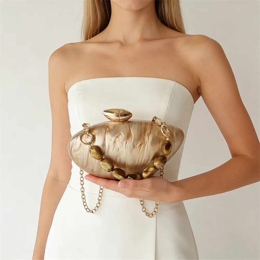 

Элегантные вечерние сумки класса люкс: бежево-коричневые, ручной работы, в форме ракушки, европейско-американский стиль, модные наплечные сумки-боксы из акрила для женщин