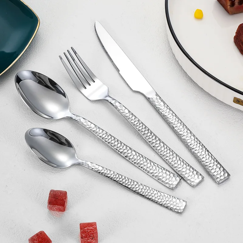 5pcs Hammered Pattern Stainless Steel Cutlery Sets Western Tableware for Restaurant Knife Fork Spoon Teaspoon Teafork Dinner Kit