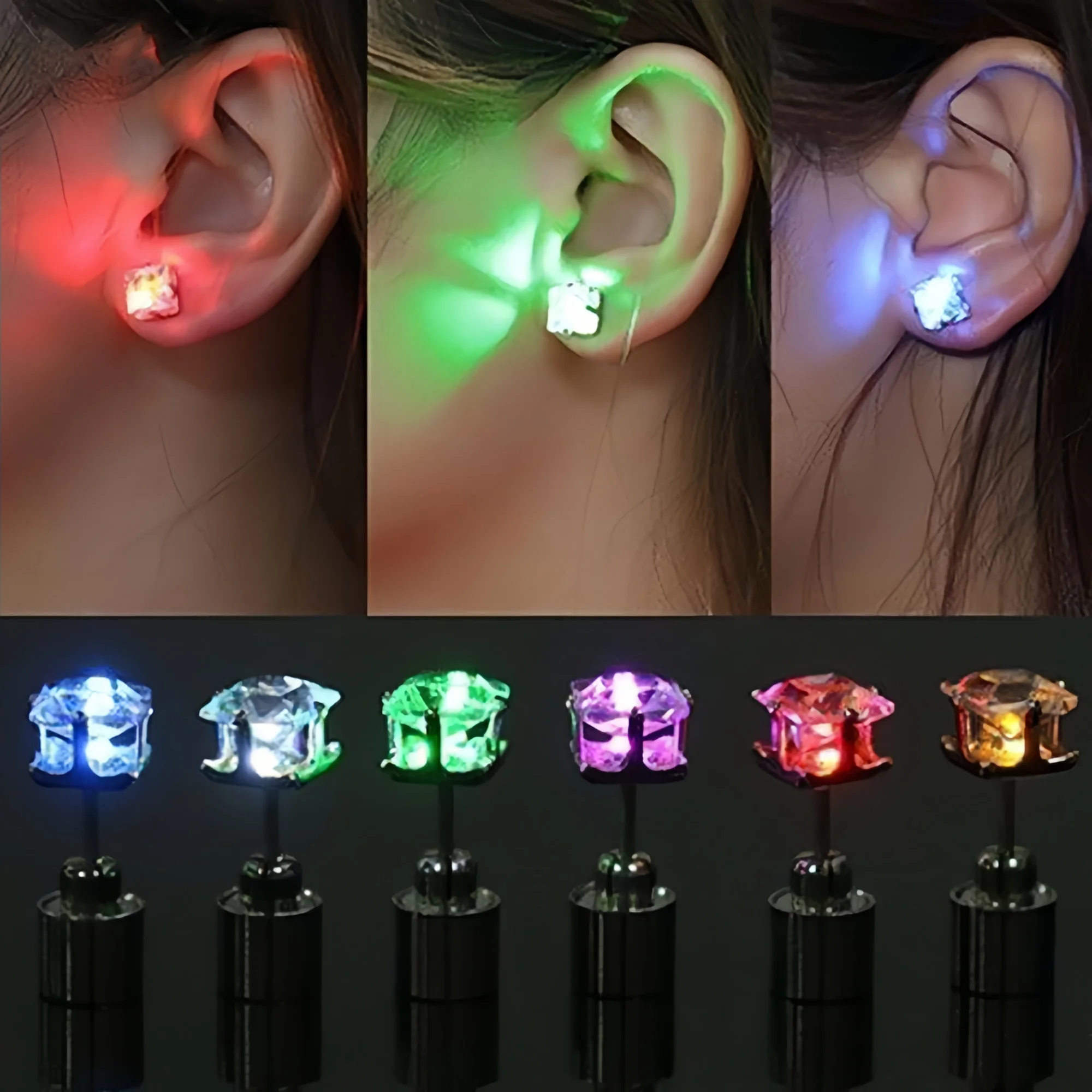 2Pcs A Pair of LED Earrings Glowing Crown Diamond Light Ear Studs Pendant Stud Stainless Multicolor Party Christmas Holiday Gift