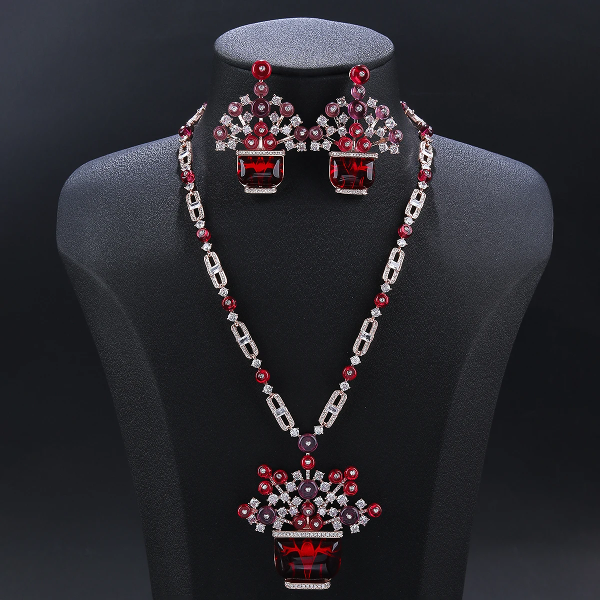 High Quality Cubic Zircon Flower Basket Style Pendant Necklace Earrings set Women Party Jewelry Costume Accessories CN11525