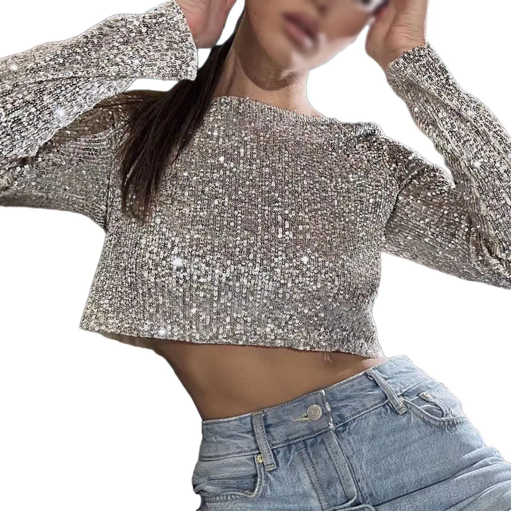 

Comfy Fashion Dance T-Shirt Tops Street Clubwear Women Sequined Crew-Neck Dance Tops Sexy T-shirt Shiny Crop Top