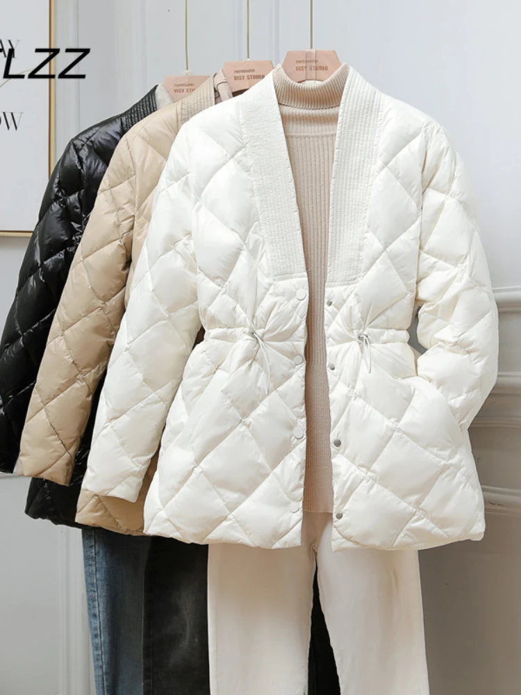 Women Elegant White Duck Down Jacket 2021 New Korean Fashion V Neck Slim Bandage Lightweight Down Coat and Parka Warm Outwear