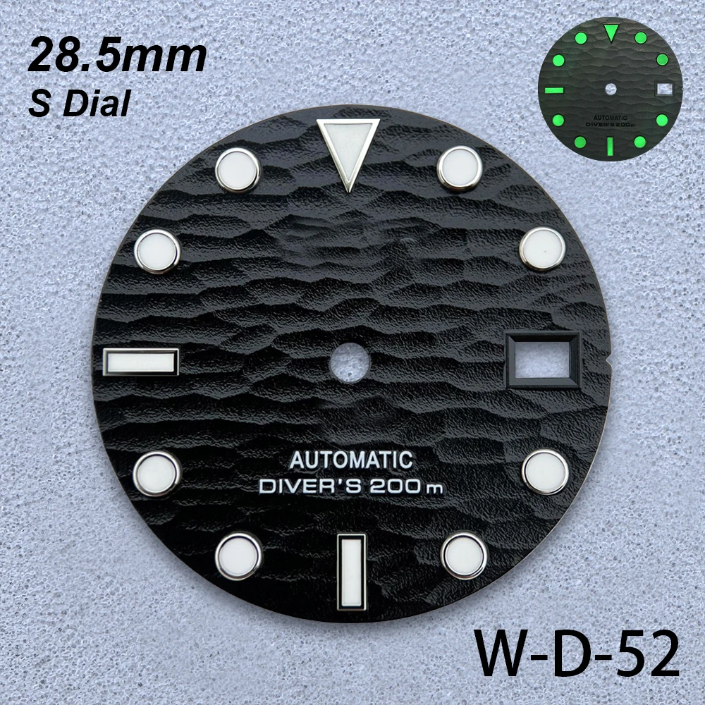 28.5mm S Logo 3D Waves Dial Fit NH35/NH36/4R/7S Japanese Movement Green Luminous Diving High-Quality Watch Modified Accessories