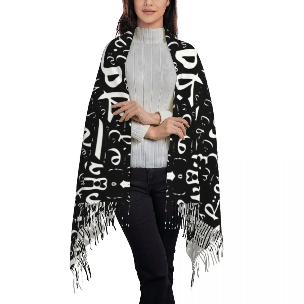 Arabic Letters Calligraphy Name Scarf Wrap Women Long Winter Warm Tassel Shawl Unisex Middle East Israel Egypt Symbol Scarves