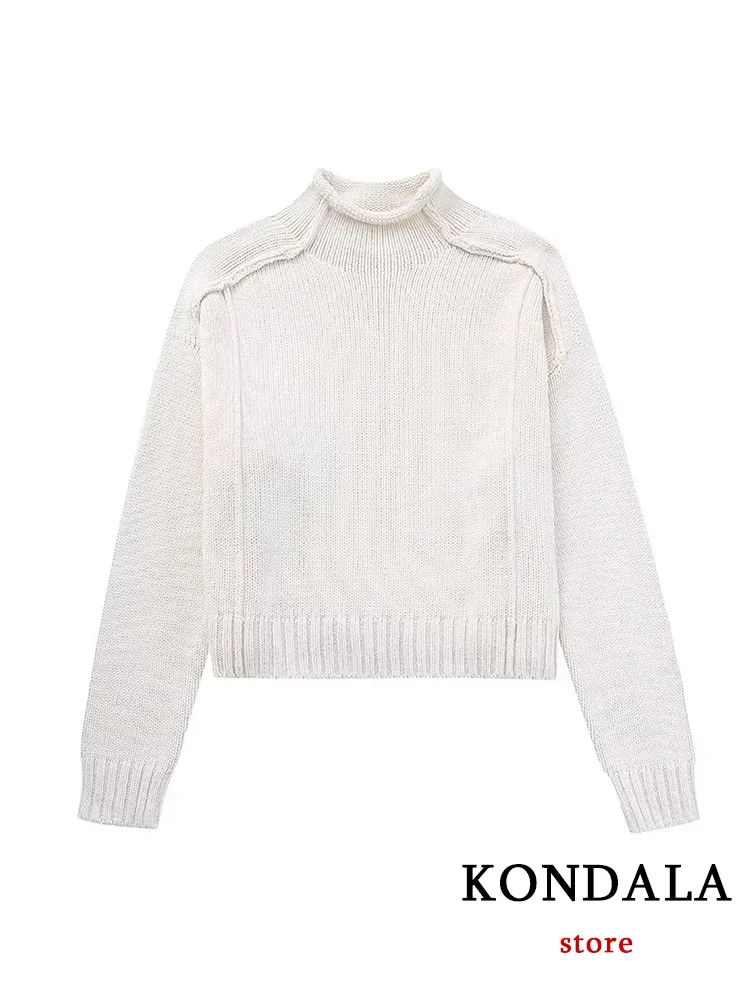 KONDALA Vintage Casual donna maglione bianco solido o-collo manica lunga maglione lavorato a maglia nuova moda 2023 autunno inverno maglione top