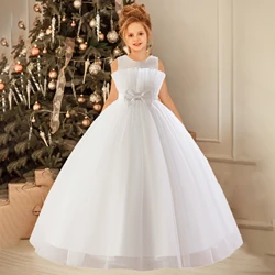 Elegant White Wedding Tulle Dresses for Girl Bow Bridemaid Birthday Princess Girls Dress First Communion Evening Summer Clothing