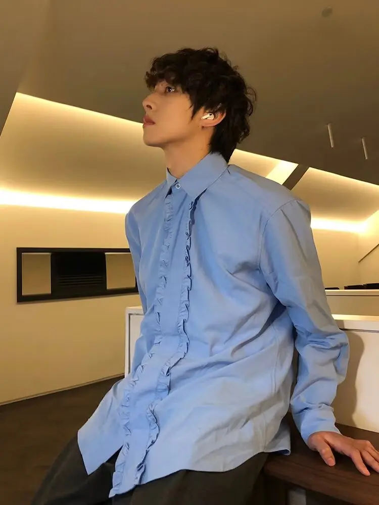 

Blue Men's irt Cleanfit Premium Lace Trim Splice Jaet Street Sle oulder irt Loose Fit Long Sve Youth Faion