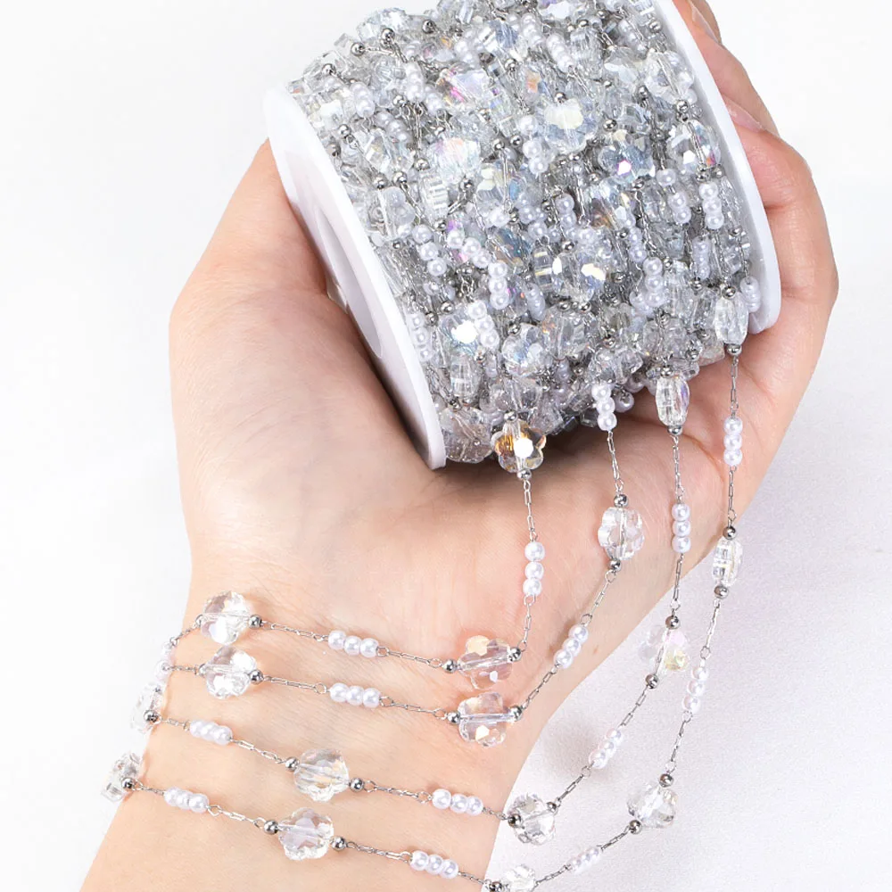 

0.5M 1M PVD Plated Stainless Steel Chain Crystal Flowers Shape ABS Pearl Beaded Chains for Women DIY Handmade Necklaces Bracelet