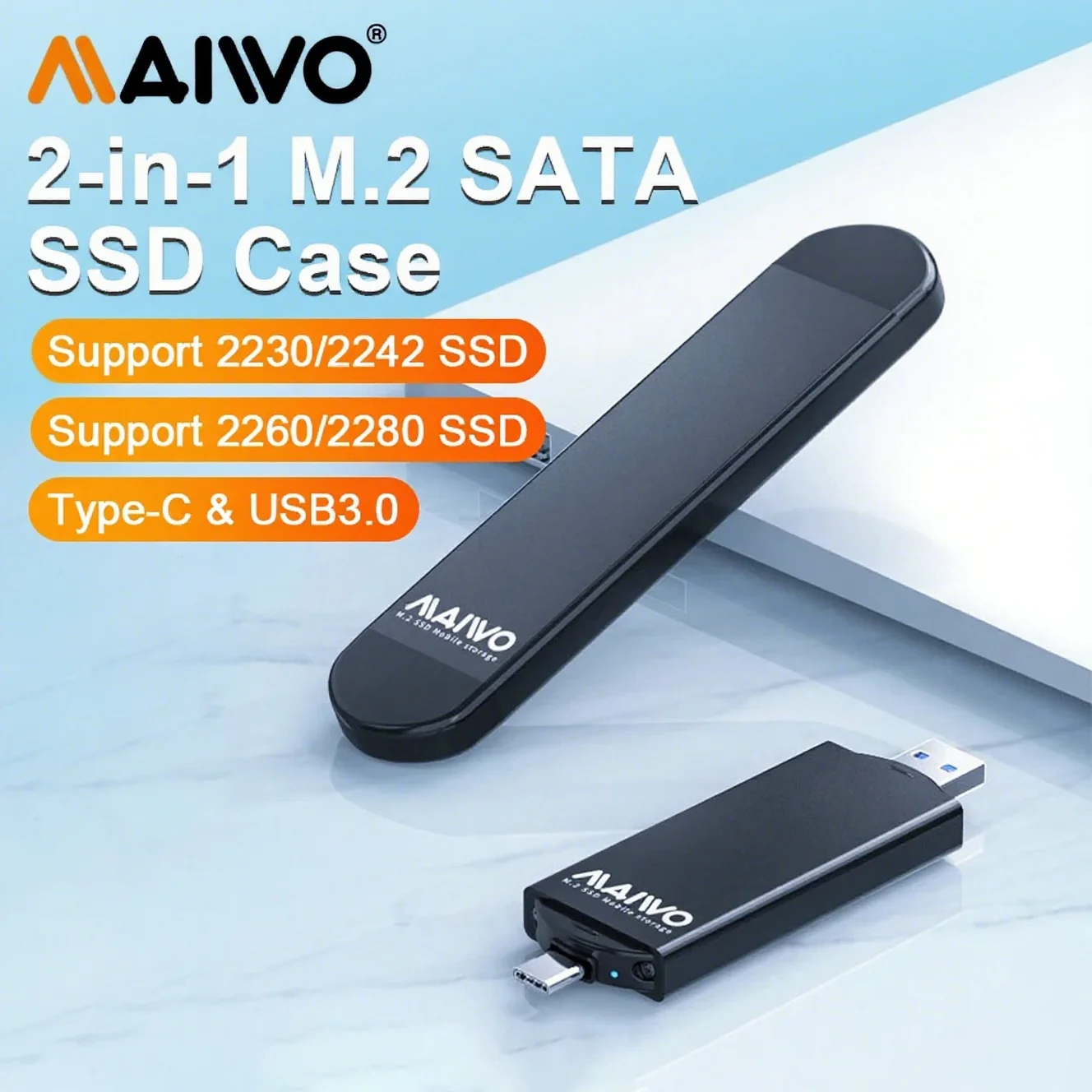 

MAIWO M.2 SATA SSD Enclosure 2-in-1 Tool-Free External Case Support 2230/2242 USB 3.0 Portable SSD Box Adapter for PC Laptop