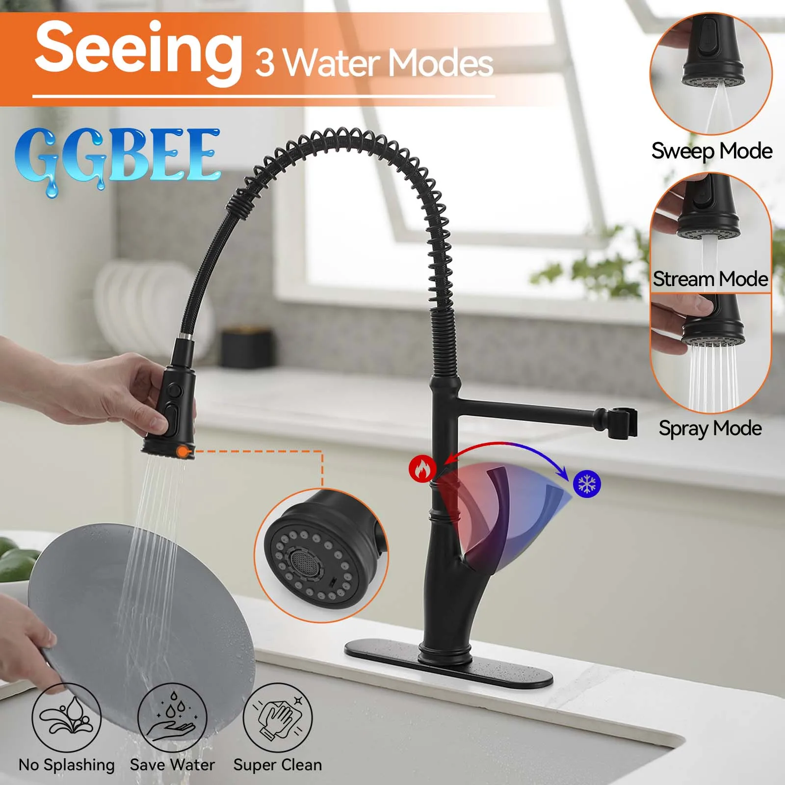 

Смеситель для кухонной мойки, латунный выдвижной гибкий смеситель для палубы, вращение на 360°, черный смеситель для горячей и холодной воды с одной ручкой, традиционный стиль