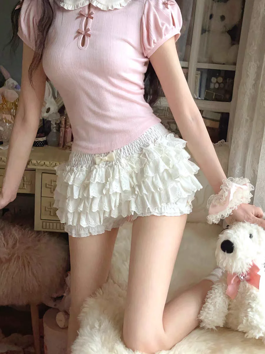 

Princess sweet lolita shorts bobon21 bow doll style long legs slim fit genuine acetate satin layered lace bubble shorts B2326