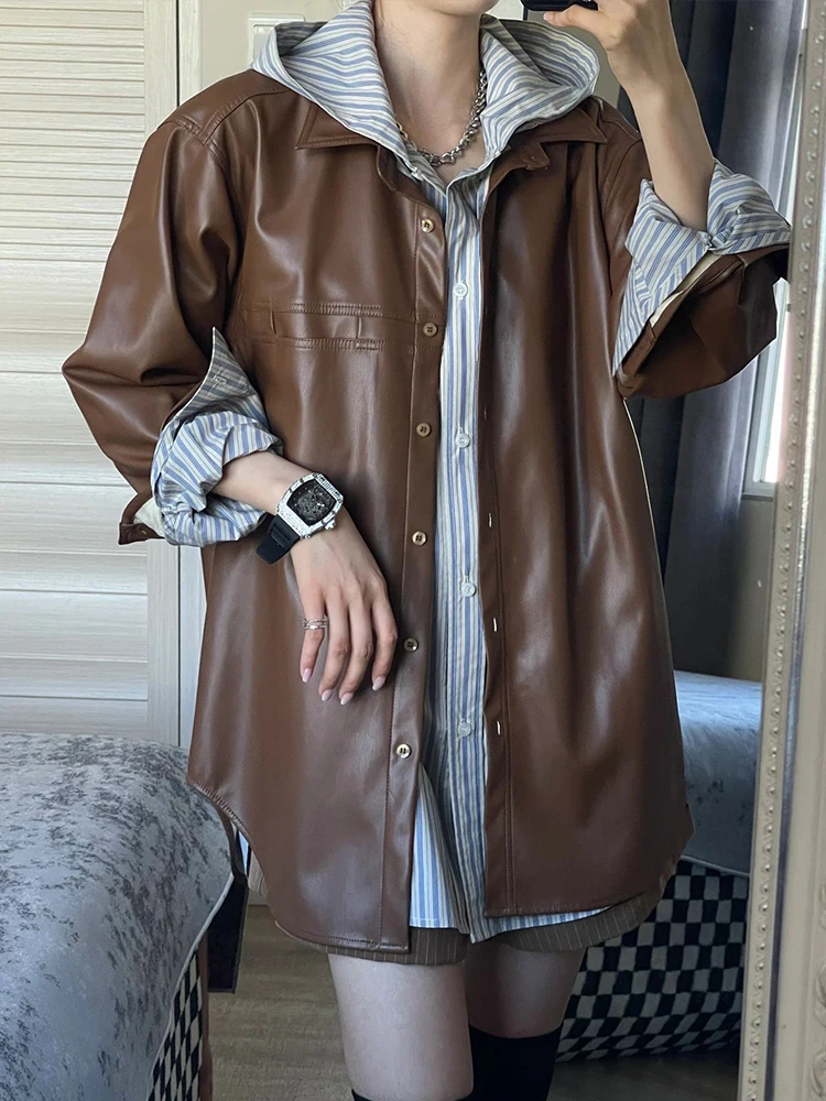 Vintage Jacket Women Oversized Long Sleeve Coat Ladies Autumn Winter Leather Jackets Female Casual Buttons Overcoat Streetwear