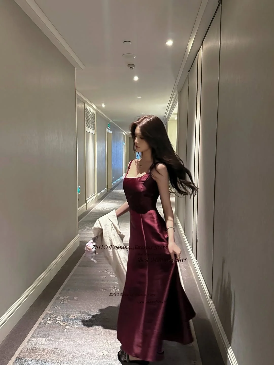 Zhi vinho vermelho cetim vestido de noite plissados uma linha gola quadrada longo vestido de festa alças espaguete vestido de baile para mulher personalizado