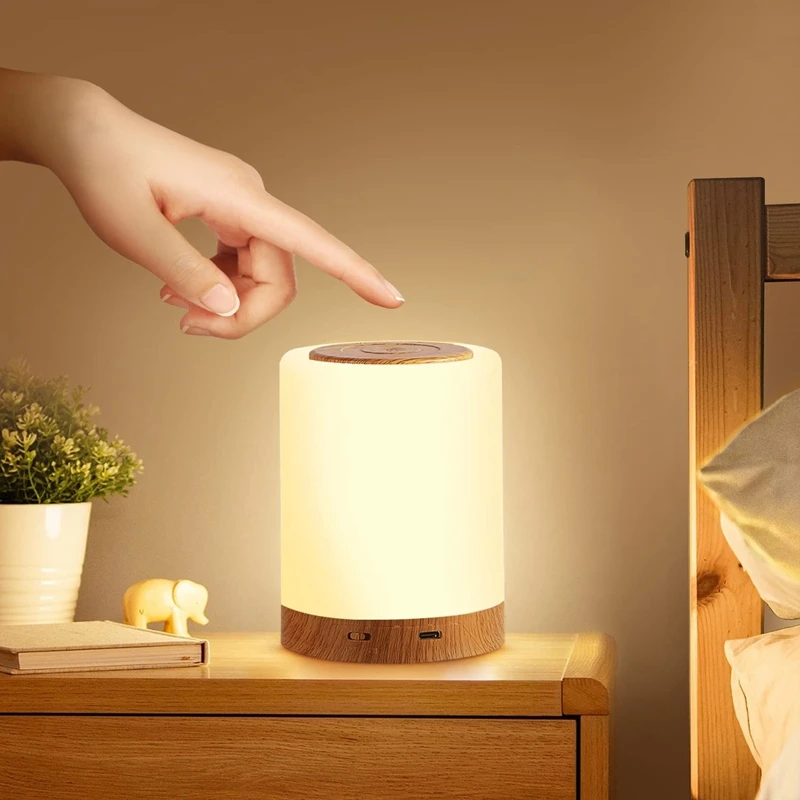 

New LED Bedside Lamp Touch Dimmable With 7 Colours And 4 Modes Wood Grain Night Light USB Rechargeable Table Lamp