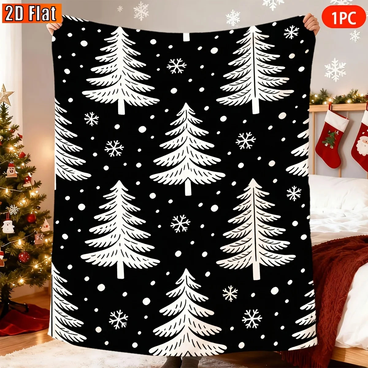1pc 2D Flat Christmas Sketch Printed Throw Blanket, Lightweight Decor Blanket for Sofa, Bed, Travel,Camping, Living Room, Office