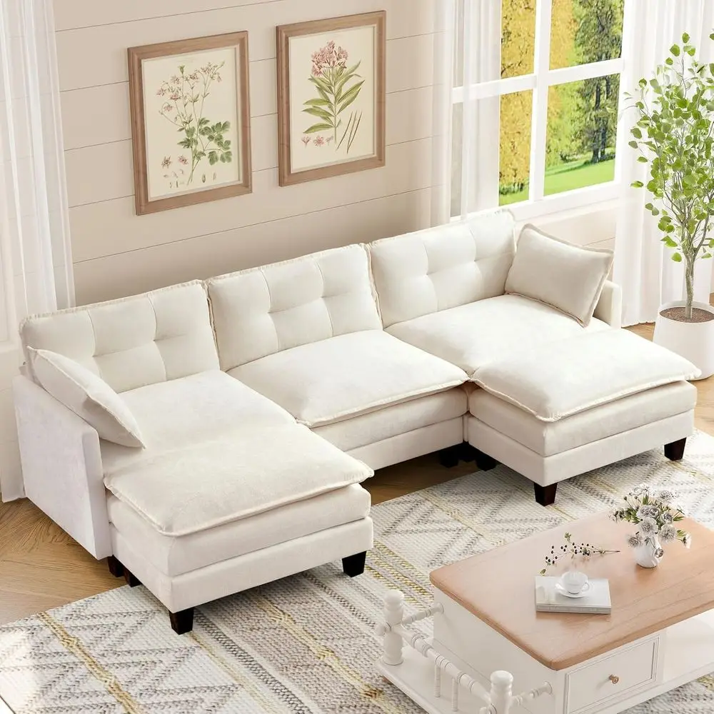 

U-Shaped Chenille 3-Seater Cloud Sofa with 2 Ottomans, Flexible Configuration, Deep Seating (Beige)