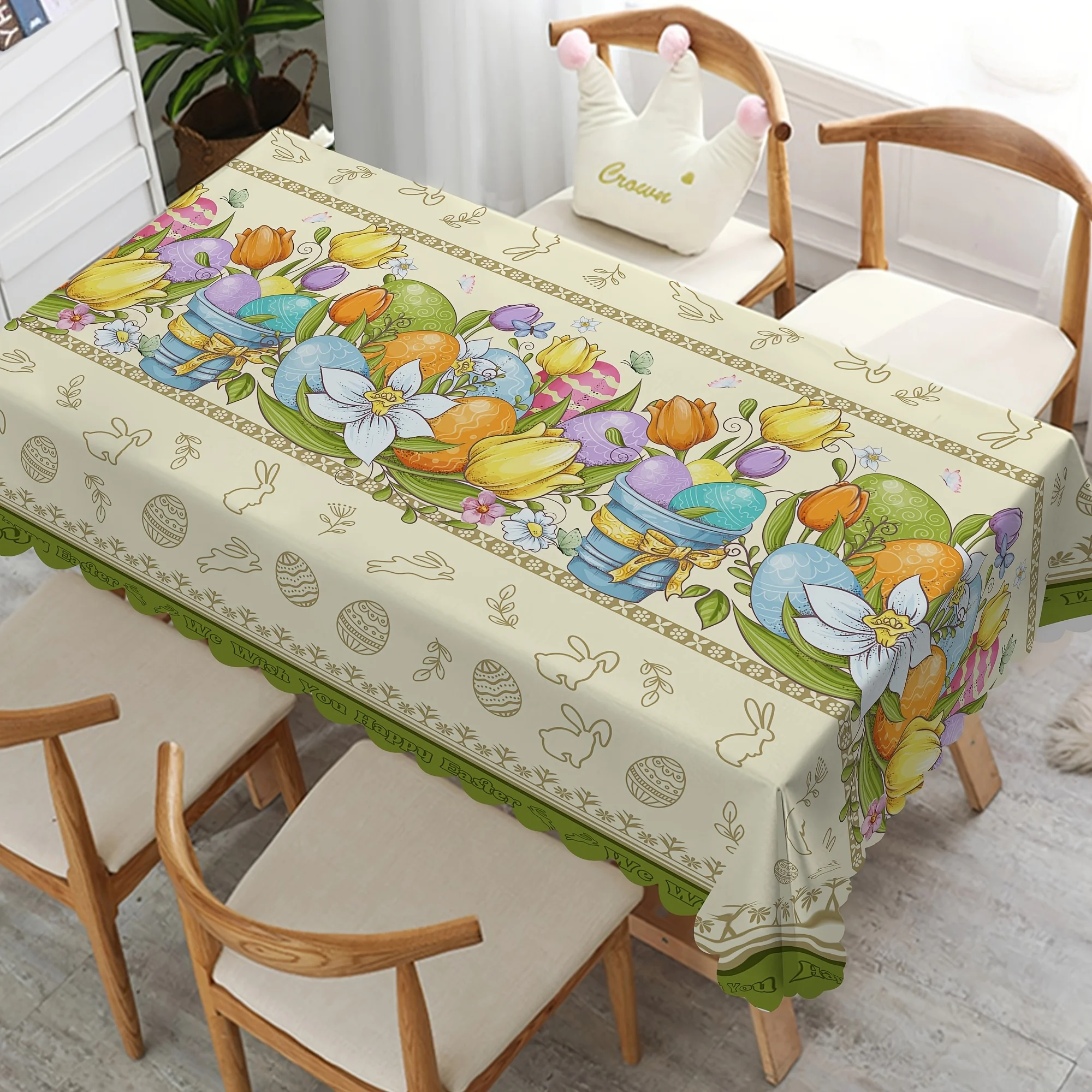 Easter Bunny Eggs Tulip Flowers Waterproof Tablecloth Wedding Party Decor Spring Floral Butterfly Table Cloth Dining Table Decor