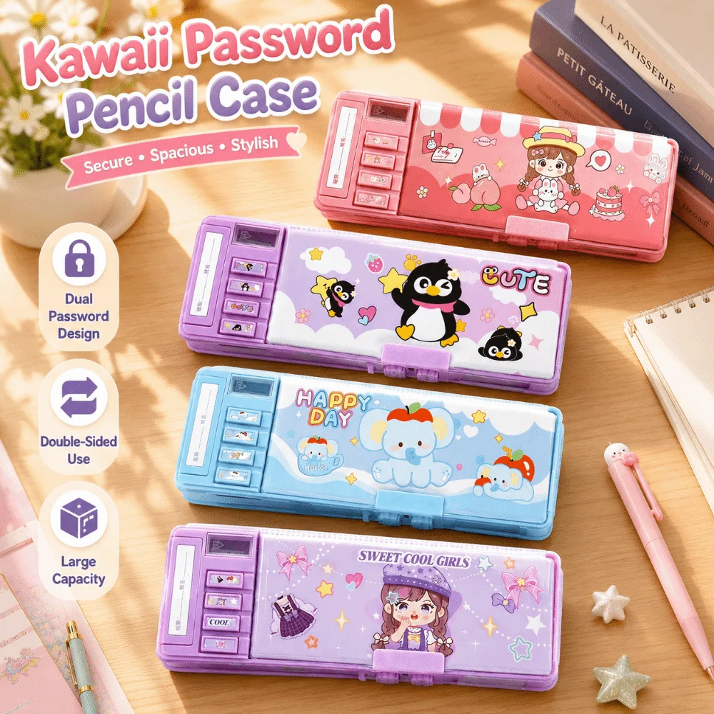 Cartoon Password Lock Pencil Case Automatic Pop-Up Mechanical Large Capacity Pen Box Stationery Organizer Kids