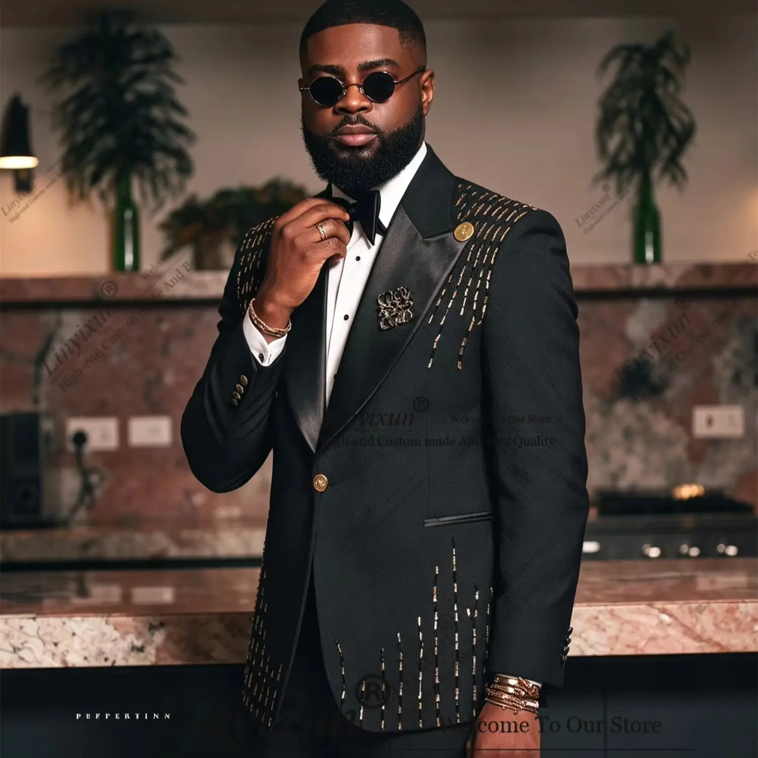 Men Rhinestone Pearl Tuxedo Suit Customized 2 Pieces Peaked Lapel Wedding Groom Formal banquet Suit men's suits and separates