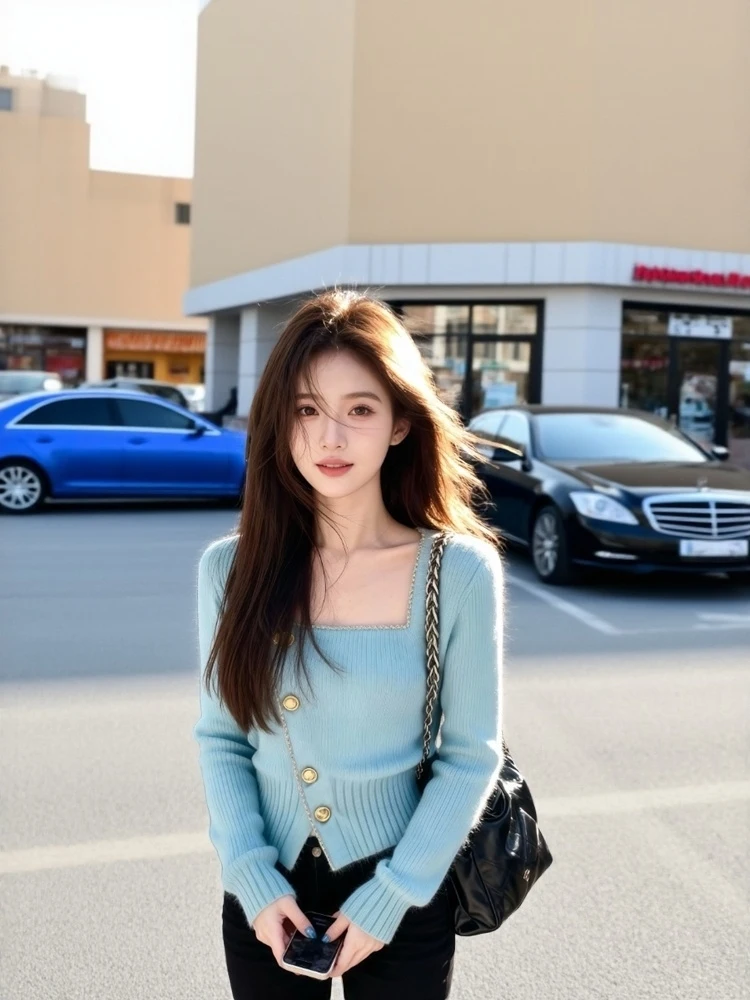 

Шикарный укороченный свитер с квадратным вырезом, подчеркивающий талию, нежный и красивый топ на весну 2026 года, удобный вязаный свитер с длинными рукавами