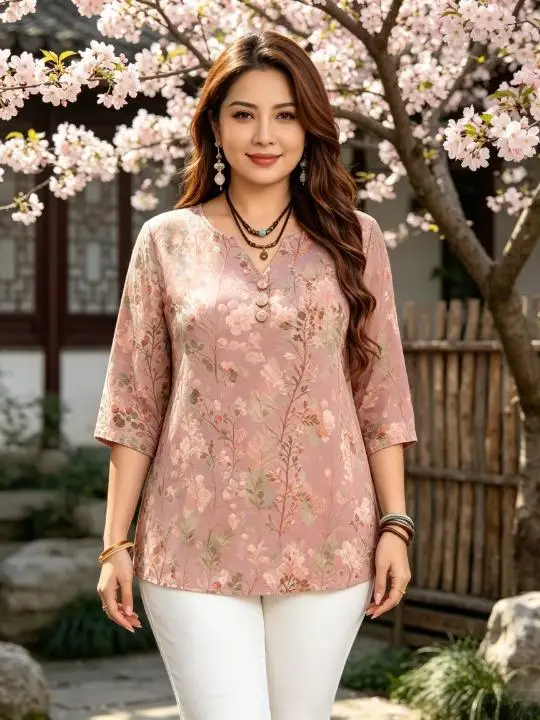 Women V‑Neck Half Button 3/4 Sleeve Top 3D‑Printed Vintage Botanical Floral Print Casual Daily