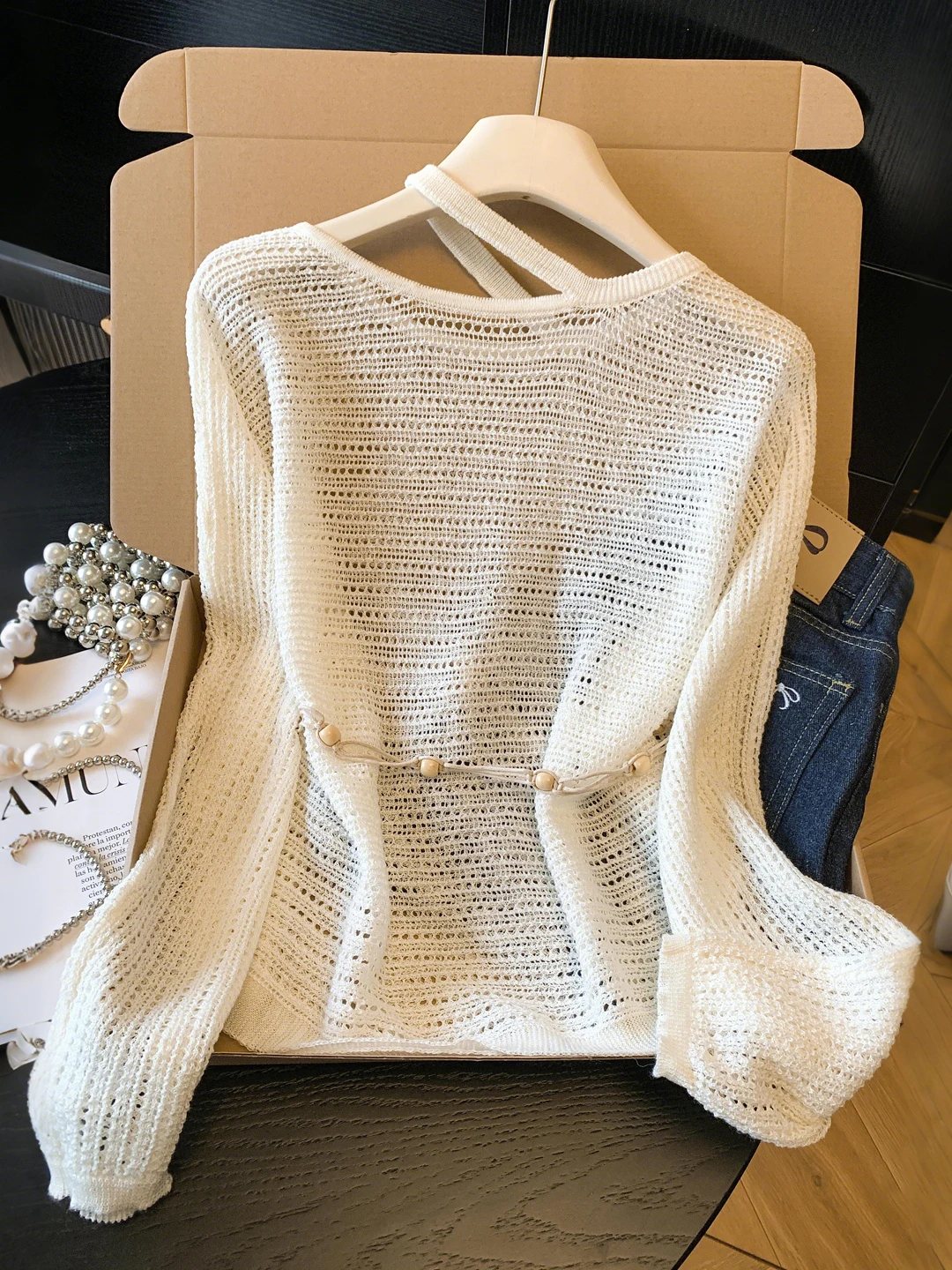 

Уникальный вязаный свитер с асимметричным плечом для женщин, лето 2026, новинка, с поясом, приталенный, ажурный, элегантный топ с длинным рукавом