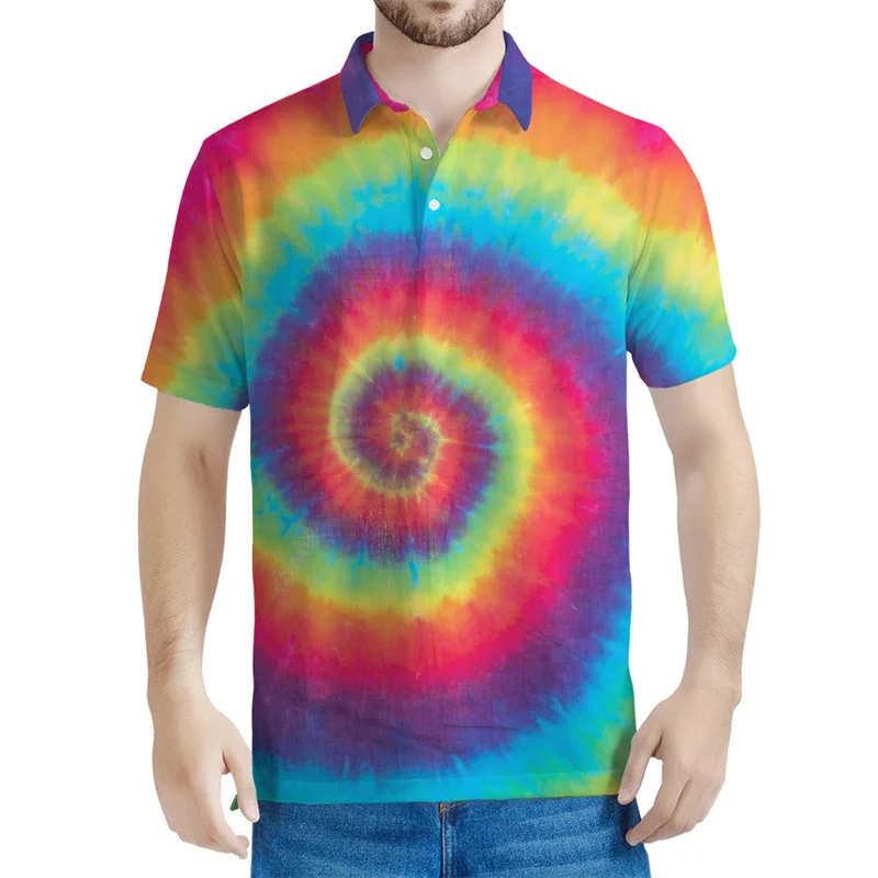 Colorful Pigment 3d Printed Polo Shirts Men Women Spiral Graphic Tee Shirt Oversized Button T-shirt Street Lapel Short Sleeves