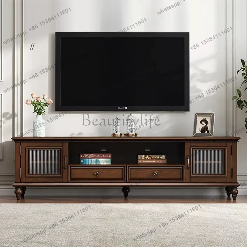 

Custom American vintage rainbow glass solid wood TV storage cabinet