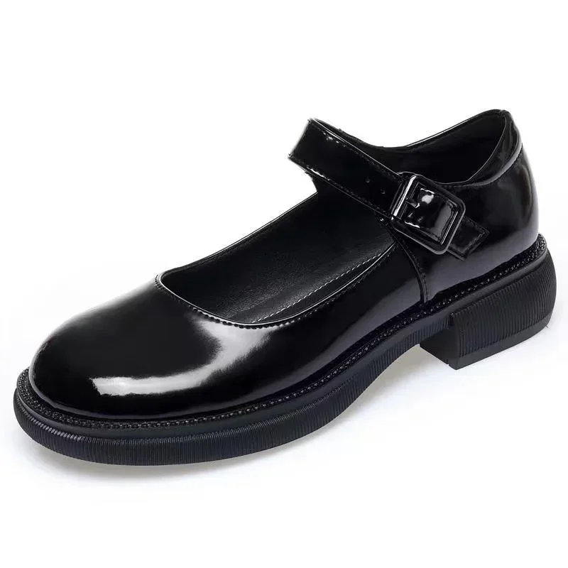 

Pop 2025 Spring Autumn Women Belt Buckle Mary Janes Shoes Patent Cow Leather Dress Round Head Flat Heel Solid Color Women's Shoe