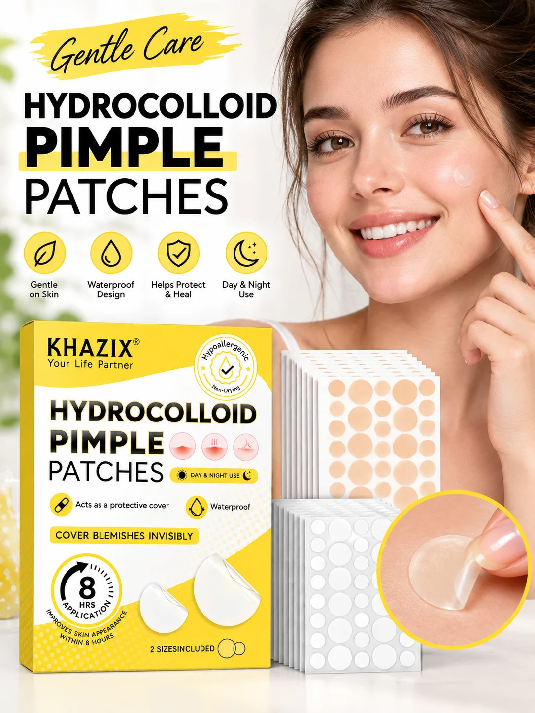 Acne patches, hydrogel acne concealer patches, daily facial care patches, blemish concealment